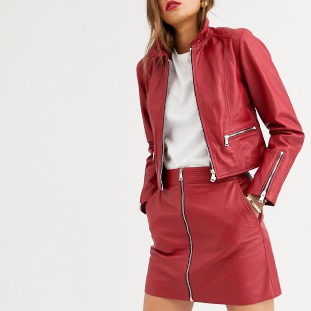 100% Real Leather Zipper Front Mini Skirt - Picture 3 of 4